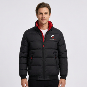 Men's Winter Puffer <b>Jacket</b> Stand Collar Zipper Closure Windproof Casual Solid Color 100% Polyester Material - Product Image 2