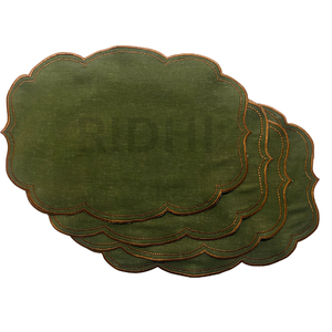 Napperons de table brodés en lin vert forêt Ridhi Wholesale, faits à la main, réutilisables, pour mariages, hôtels et salles à manger - Product Image 1