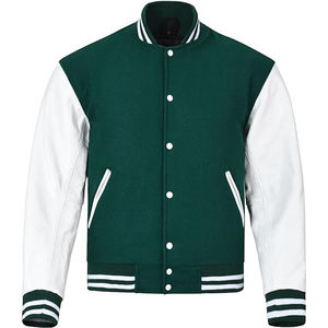 Chaqueta Varsity Verde y Blanca para Hombre, con Mangas de Cuero, Corte Regular, Color Sólido, Cuello Alto, Cierre de Botones, para Otoño - Product Image 2