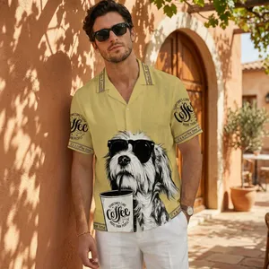 Men's Summer Casual Short Sleeve <b>Button</b> Up Shirt Yellow Turn Down Collar Tee with Cool <b>Dog</b> Coffee Print - Product Image 2