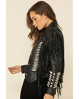 Veste en cuir noir style natif pour femme, avec franges de perles et clous argentés, surpiqûres, manteau western de cowgirl, vêtement d'extérieur fait main, USA