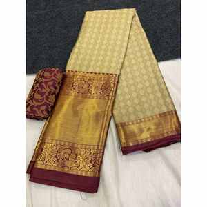 Sari de Trabajo de Jacquard de Algodón y Seda de Última Moda con Blusa Sin Coser y Chiku - Product Image 1