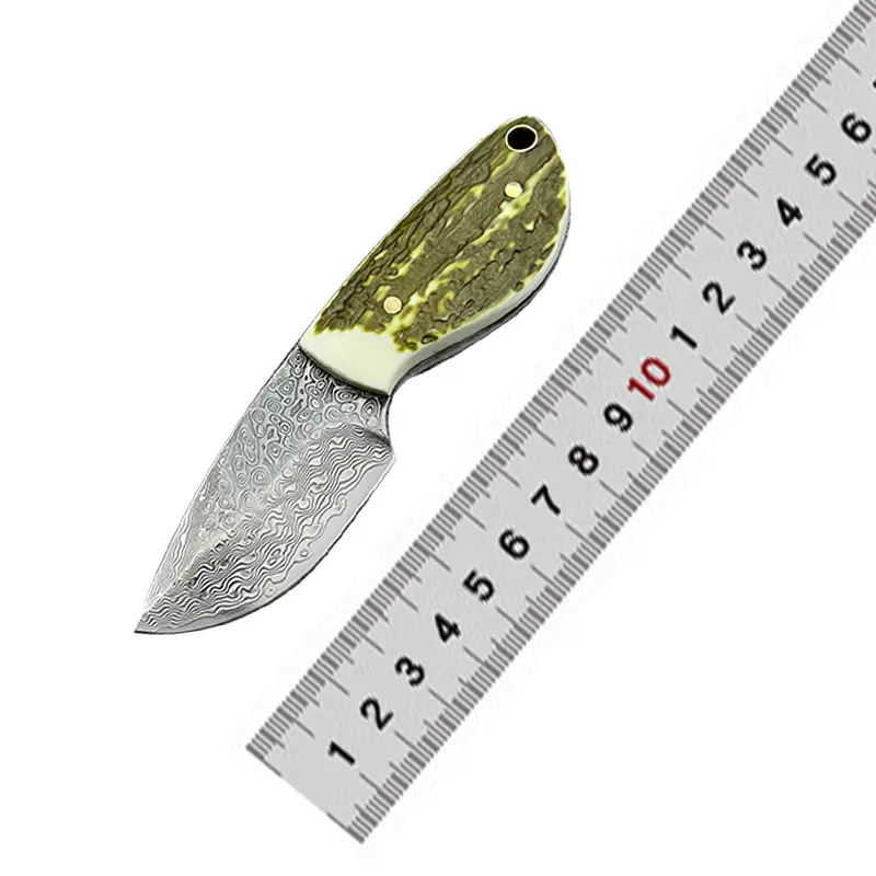 High quality handmade customized Damascus steel mini camp survival fixed blade outdoor leather sheath hunting knife