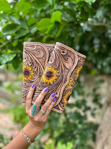 Cartera de cuero con herramientas de mano occidental, Cartera de girasol de cuero genuino, bolso de mano de piel de vaca auténtica, monedero de lujo para mujer occidental - Product Image 4