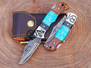 New Edition Cu-Mai Copper Damascus Folding Pocket Hunting Knife Drop Point Blade Stone Wood Steel Bolster Handle Back <b>Lock</b> 6.5" - Product Image 2