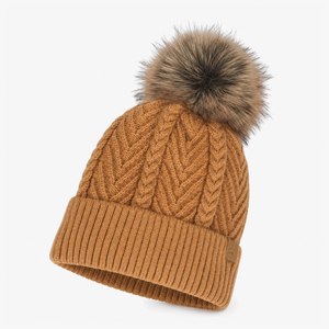 Bonnet en tricot torsadé 100% acrylique unisexe adulte hiver automne couleur unie avec revers et pompon chaud style décontracté 56-58CM - Product Image 1