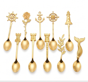 Cucharas de Té Doradas con Diseños de Timón de Barco, Ancla, Brújula, Faro y Sirena, Aptas para Lavavajillas, Juego de Cubiertos para Fiestas - Product Image 1