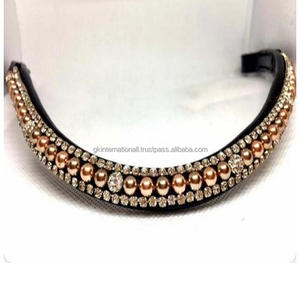 สายรัดคิ้วม้าประดับมุกโรสโกลด์และคริสตัลหนังแท้สีดำหรือน้ำตาลทุกขนาดมีให้เลือก - Product Image 1