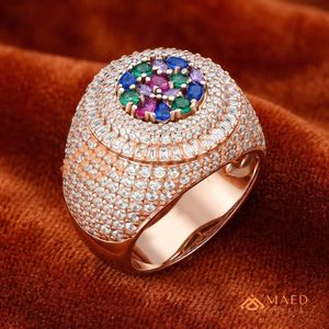 Rose Gold Plated Hip Hop Dome Ring Multi-Color Stone Cluster Iced Out Pink Gold Men's Jewellery Baguette Diamond Statement Band - Product Image 4