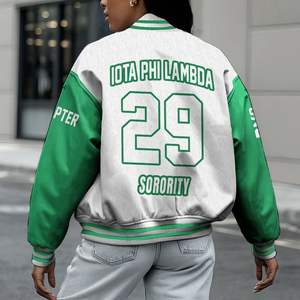 Veste universitaire personnalisée pour femmes Iota Phi Lambda, blanche et vert émeraude, avec lettres, écusson, numéro et année, veste bomber de sororité - Product Image 2