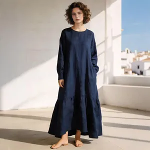 Robe longue en coton et lin bleu marine pour femmes, coupe ample, manches longues, col rond, robe décontractée bohème - Product Image 1