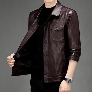 Nouvelle veste en cuir PU marron foncé pour homme, coupe ajustée décontractée, col rabattu, fermeture boutonnée, pour l'automne - Product Image 2