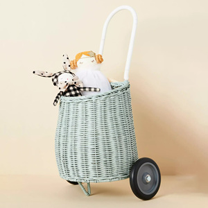 รถเข็นเก็บของหวายธรรมชาติ กระเป๋าใส่ของแบบมีล้อ ตะกร้าเด็ก ตะกร้าหวาย - Product Image 3