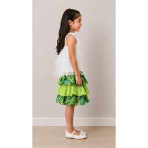 Top para niñas con falda de algodón, blanco y verde lima, sin mangas, totalmente bordado, poliéster - Product Image 2