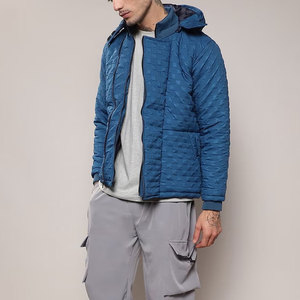 Chaqueta Acolchada Azul para Hombre, Cuello Alto, Cierre de Cremallera, Resistente al Viento, Abrigo Casual de Invierno, Color Sólido, Relleno de Algodón, Diseño Paisley - Product Image 3