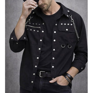 Top Selling Men's Black Gothic <b>Shirt</b> <b>Studded</b> Chains, Zipper Detail, Full-Sleeve Button-Down Custom Wholesale 2026 - Product Image 3