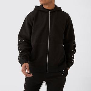 Sudadera con capucha y cremallera de algodón 100% de corte regular para hombre, chándal de invierno ecológico con patrón sólido de salpicaduras de pintura de refuerzo - Product Image 3