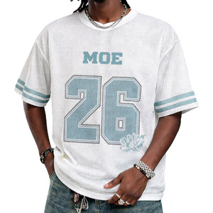 Camiseta de fútbol americano de malla oversize con cuello redondo, poliéster, números desgastados, mangas con rayas, personalización de marca, producción con MOQ bajo - Product Image 4