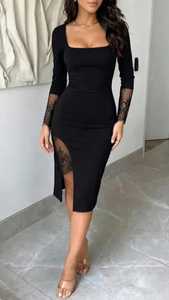 Vestido midi ajustado con cuello cuadrado y encaje negro con patchwork - Product Image 3