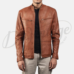 Chaqueta de cuero premium color coñac para hombre, de piel de oveja auténtica, corte ajustado, cuello alto, con cremallera, estilo motociclista. - Product Image 5