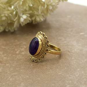 Vintage Amethyst <b>Statement</b> <b>Ring</b> 14K Gold Plated Brass Filigree Scalloped Boho Ethnic Unisex Jewelry - Product Image 3