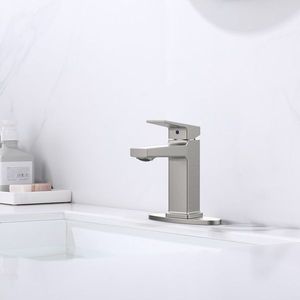 Grifo monomando de níquel cepillado para lavabo de baño o lavandería, 1 o 3 orificios, mangueras de 9/16 pulgadas, grifo monomando para lavabo con base. - Product Image 2