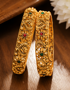 18K Gold Plated Polki Flower Pattern Bangles with Pearl Inlay Vintage Style Women's <b>Wedding</b> Jewelry - Product Image 2