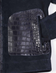 <b>Men's</b> Dark Blue Cow Skin <b>Suede</b> Leather <b>Jacket</b> with Croco Embossed PU Panels Zipper Closure Stand Collar Casual Winter Front - Product Image 2
