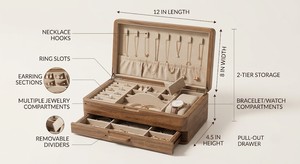 Wood Jewelry Storage Box with <b>Mirror</b> Drawer and Rails Carved Necklace Ring Earring Organizer <b>Tabletop</b> Display - Product Image 2