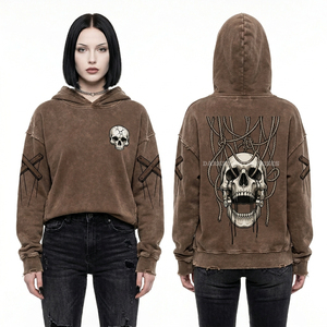 Sudadera con capucha gris para mujer, estilo oversize, con lavado ácido, mangas con cordón, estampado gráfico vintage de calavera, fabricante personalizado - Product Image 6