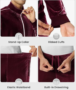 Ensemble de survêtement en velours bordeaux, veste à col montant zippée et pantalon à rayures latérales, tenue deux pièces - Product Image 4