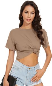 Camisetas de Verano para Mujer, Cuello Redondo, Corte Recortado, Manga Corta, Color Sólido, Algodón, Estilo Casual, Camisetas de Primavera - Product Image 5