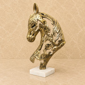 Luxury Brass Horse Head Sculpture with White Marble Base Handcrafted Abstract <b>Art</b> Modern Table Decor Premium Home Office Accent - Product Image 1