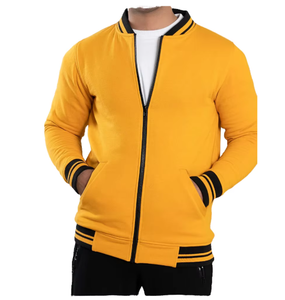 Men's <b>Yellow</b> Varsity <b>Jacket</b> Full Zip Stand Collar Casual Bomber Coat Solid Color Knitted Polyester Outerwear Autumn Wear - Product Image 5