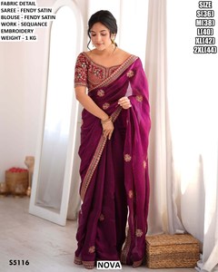 Nova Cream Fendy <b>Satin</b> <b>Saree</b> With Sequin Embroidery Blouse For Wedding Traditional Wear Women Floor Length S5115 - Product Image 2
