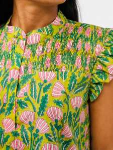 Blusa de Algodón Popelín con Estampado Floral Hecho a Mano, Manga Casquillo, Cuello en V, Volantes, Corta, Tejido para Oficina, para Mujer - Product Image 4