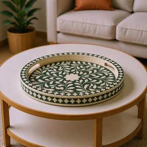 Bandeja de Servir Hecha a Mano con Incrustaciones de Hueso de Camello Natural |   Mesa de Centro de Cocina con Mosaico Marroquí, Otomana de Lujo, Plato Decorativo - Product Image 3