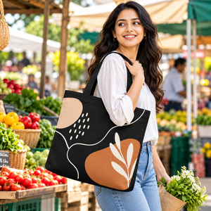 Bolsa de Mano de Lona Negra para Mujer, Estilo Minimalista Boho con Estampado de Hojas, Bolsa de Compras - Product Image 4