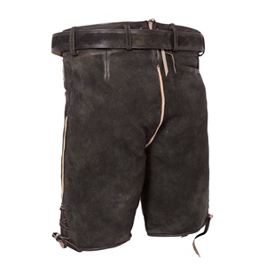 Shorts bavarois en cuir noir pour homme avec motif floral brodé, taille mi-haute, style vintage, fermeture boutonnée. - Product Image 2