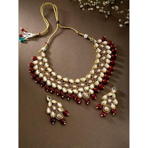 Gold Plated Ethnic <b>Necklace</b> Earring <b>Set</b> With Red Stones And <b>Pearls</b> For Women Wedding Jewelry - Product Image 3