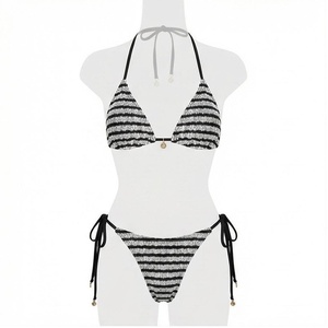 Women Striped Knitted <b>Bikini</b> <b>Set</b> Halter Neck <b>Triangle</b> Top Tie Side Bottom Swimwear Two Piece Beachwear - Product Image 1