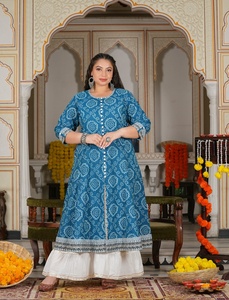 <b>Plus</b> <b>Size</b> Cotton Anarkali Kurti Blue Women's Bandhej Printed Round Neck Three Quarter Sleeves Comfortable Daily Wear - Product Image 1