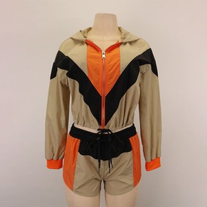 Color Block Polyester Windbreaker Tracksuit Patchwork Zip Up Jacket and Shorts <b>Set</b> - Product Image 1