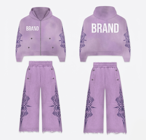 Ensemble de survêtement vintage avec sweat-shirt zippé et pantalon évasé, imprimé personnalisé, style streetwear, en molleton de coton vieilli - Product Image 1