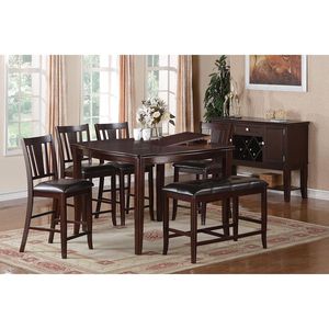 Set da Pranzo Contemporaneo 6 Pezzi con Tavolo Alto da Bar con Piano a Farfalla, 4 Sedie in Legno di Gomma Finitura Marrone e Kit Cuscini per Panca Incluso - Product Image 2