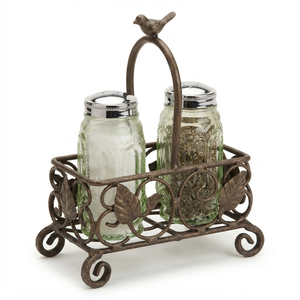 Rustic Metal Salt and Pepper Shaker Set with Glass <b>Jars</b> and Iron Caddy Holder for Kitchen Countertop Use Handmade - Product Image 3