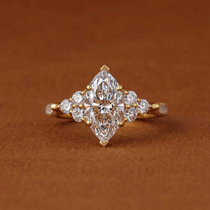 Marquise Cut Engagement <b>Ring</b> With Round Side Stones In Solid Yellow Gold Vintage Cluster <b>Diamond</b> Solitaire <b>Ring</b> Unique Jewelry - Product Image 1