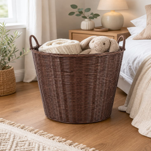 Wide <b>rectangular</b> fine-woven rattan laundry <b>basket</b> with integrated side handles, available at wholesale prices. - Product Image 5