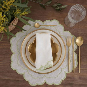 Custom Washable Reuse Luxury Embroidery Double Green Scallop Border <b>Placemats</b> Napkins Sets 100% Linen Mats Home Wedding Events - Product Image 1