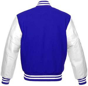 Veste de baseball universitaire OEM en gros pour hommes, taille XXL, couleur unie, style safari, bleu et blanc, coupe-vent en laine, avec lettres brodées - Product Image 2
